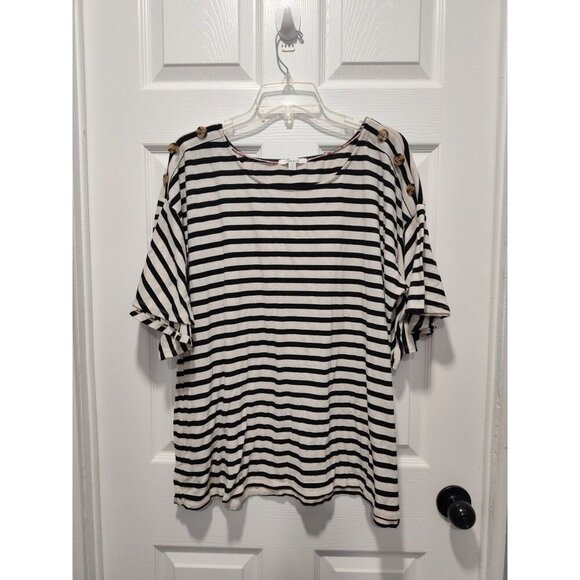 89th + Madison Striped Shirt Women Plus Size 2X Short Sleeve Linen Blend - Picture 1 of 8